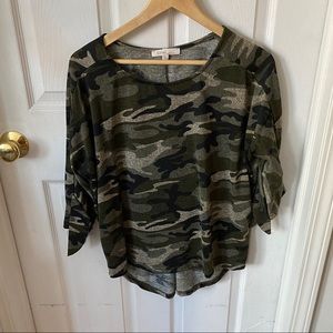 Tie sleeve camo knit top